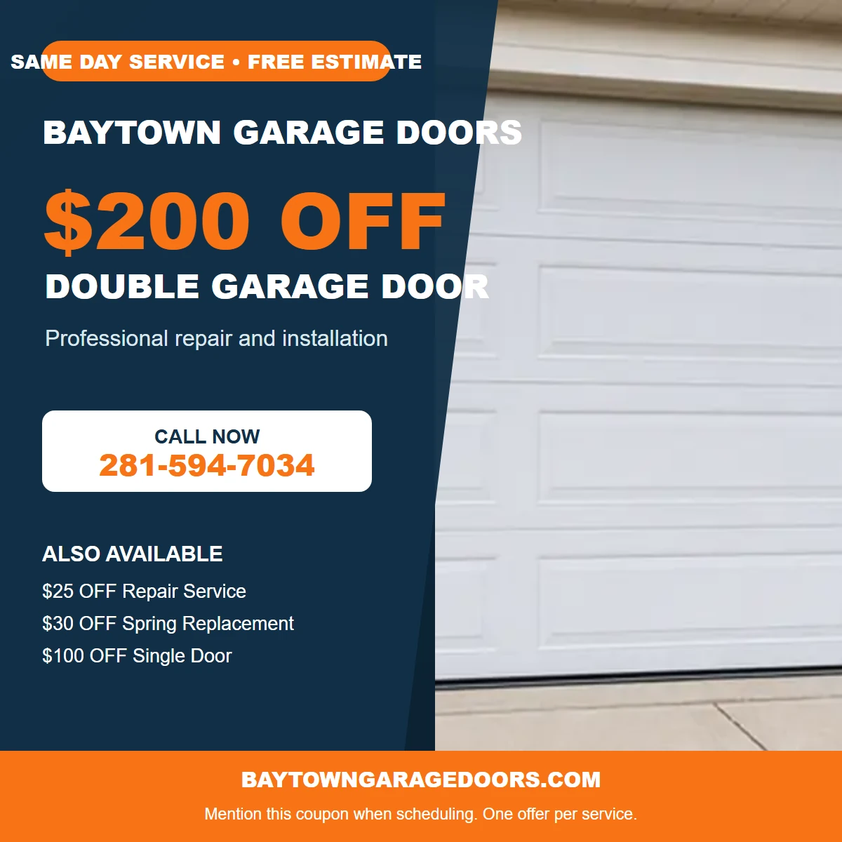 Garage door repair coupon for Baytown Garage Doors